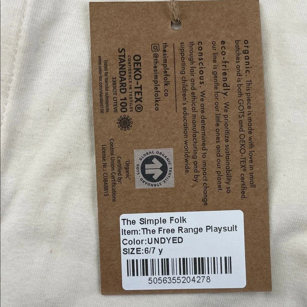 NEW‎ The Simple Folk 6-7 Organic Cotton Cream The Free Range Playsuit Jumpsuit